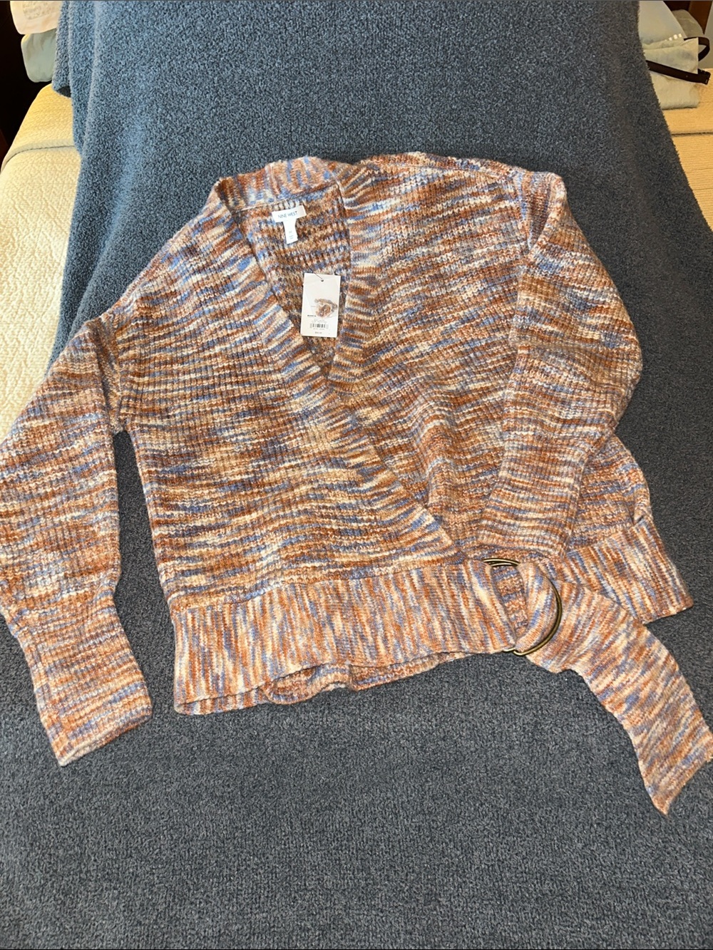 Nine West Multicolor Rust and Blue V-Neck Wrap Sweater with Side Tie